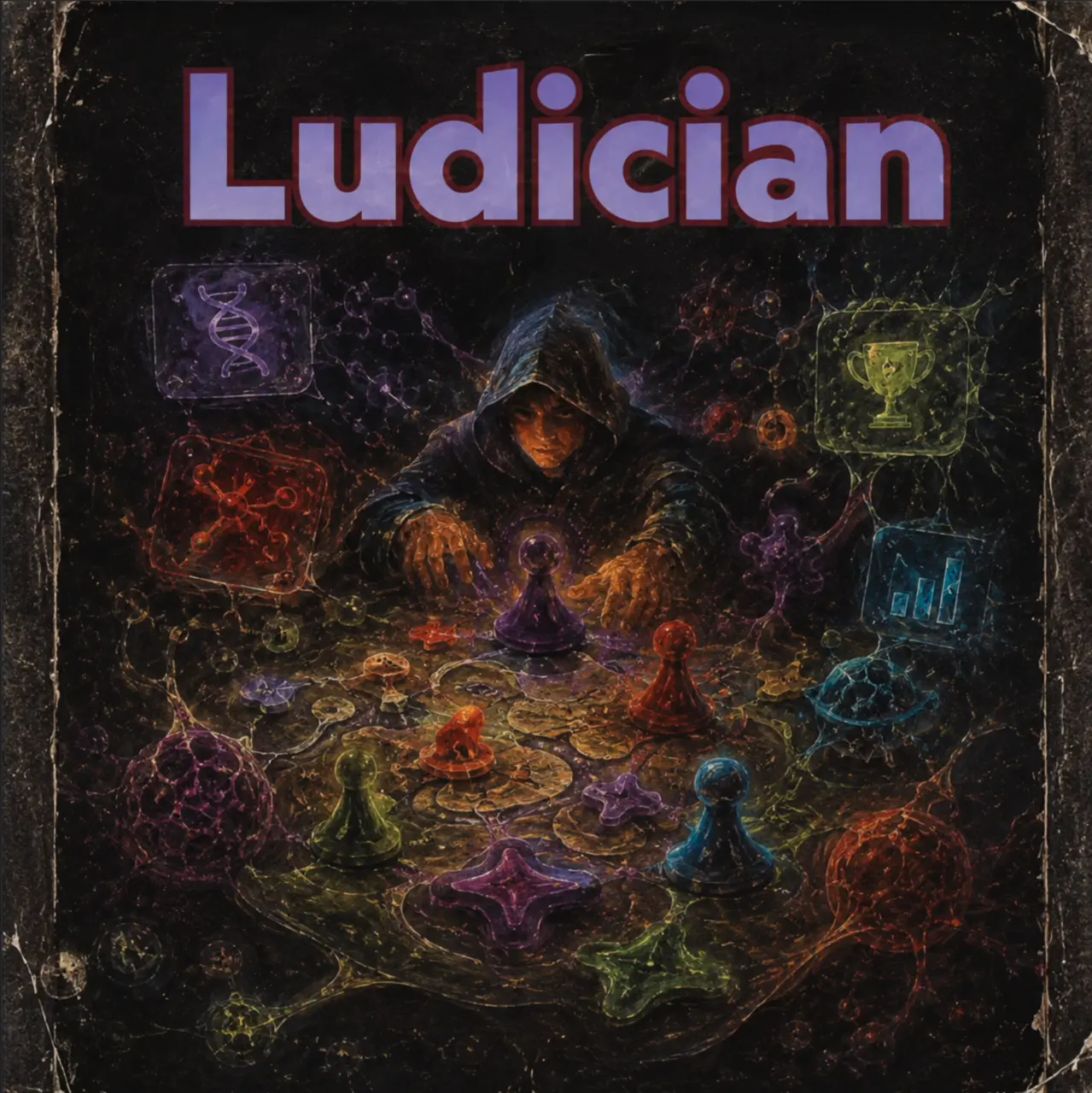 Aged book-cover look: a hooded figure at the centre of a ring of game tokens, molecule glyphs and a trophy; lavender lettering Ludician. Painterly generative art with the class name baked into the image.