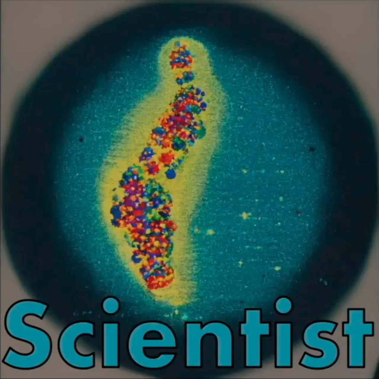Teal disc like a petri dish holding a chain of colourful beads (molecule or cell strand); teal lettering Scientist along the bottom edge. Painterly generative art with the class name baked into the image.