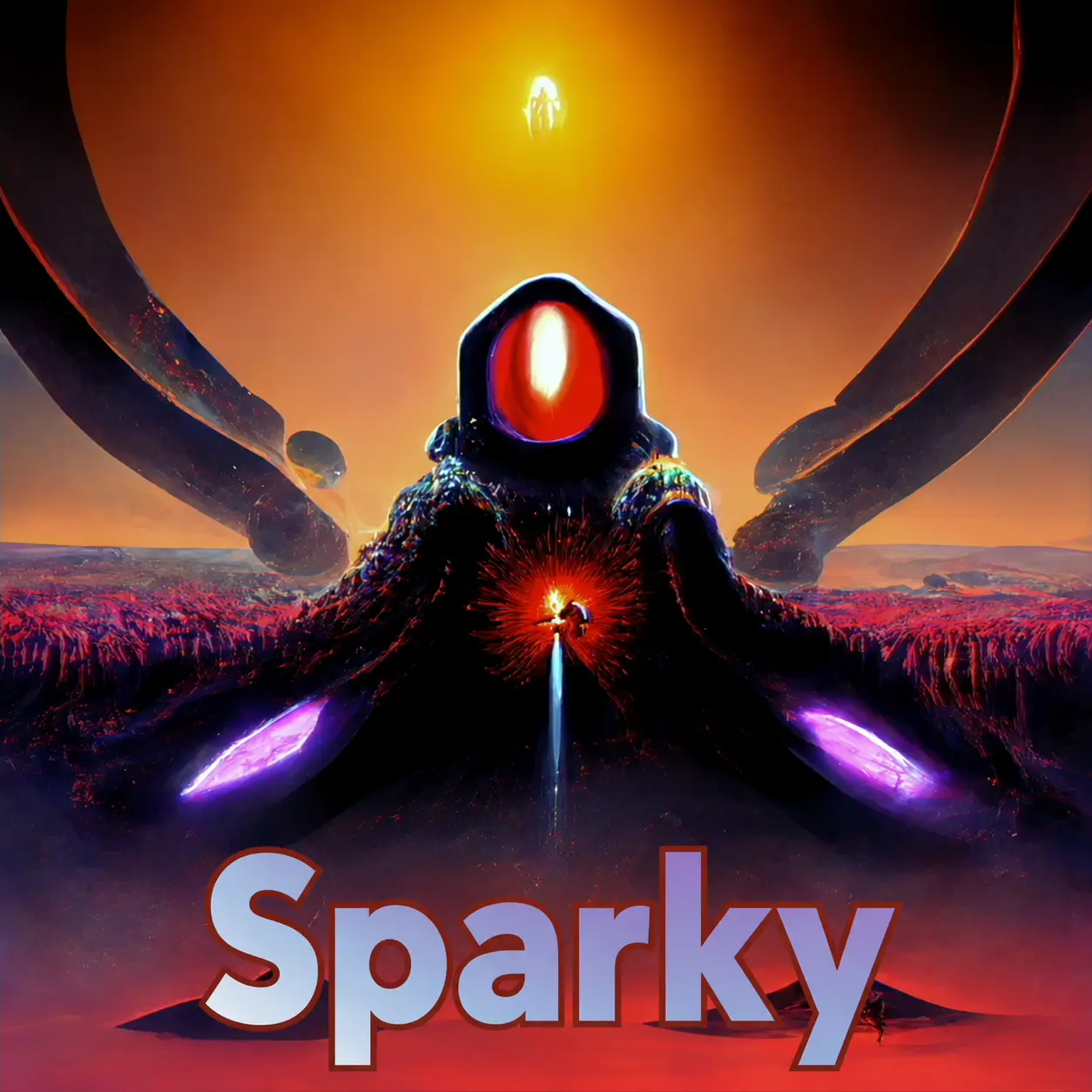 Hooded black craft with a single glowing red eye and purple energy limbs against a red and orange sky; white-lilac lettering Sparky. Painterly generative art with the class name baked into the image.