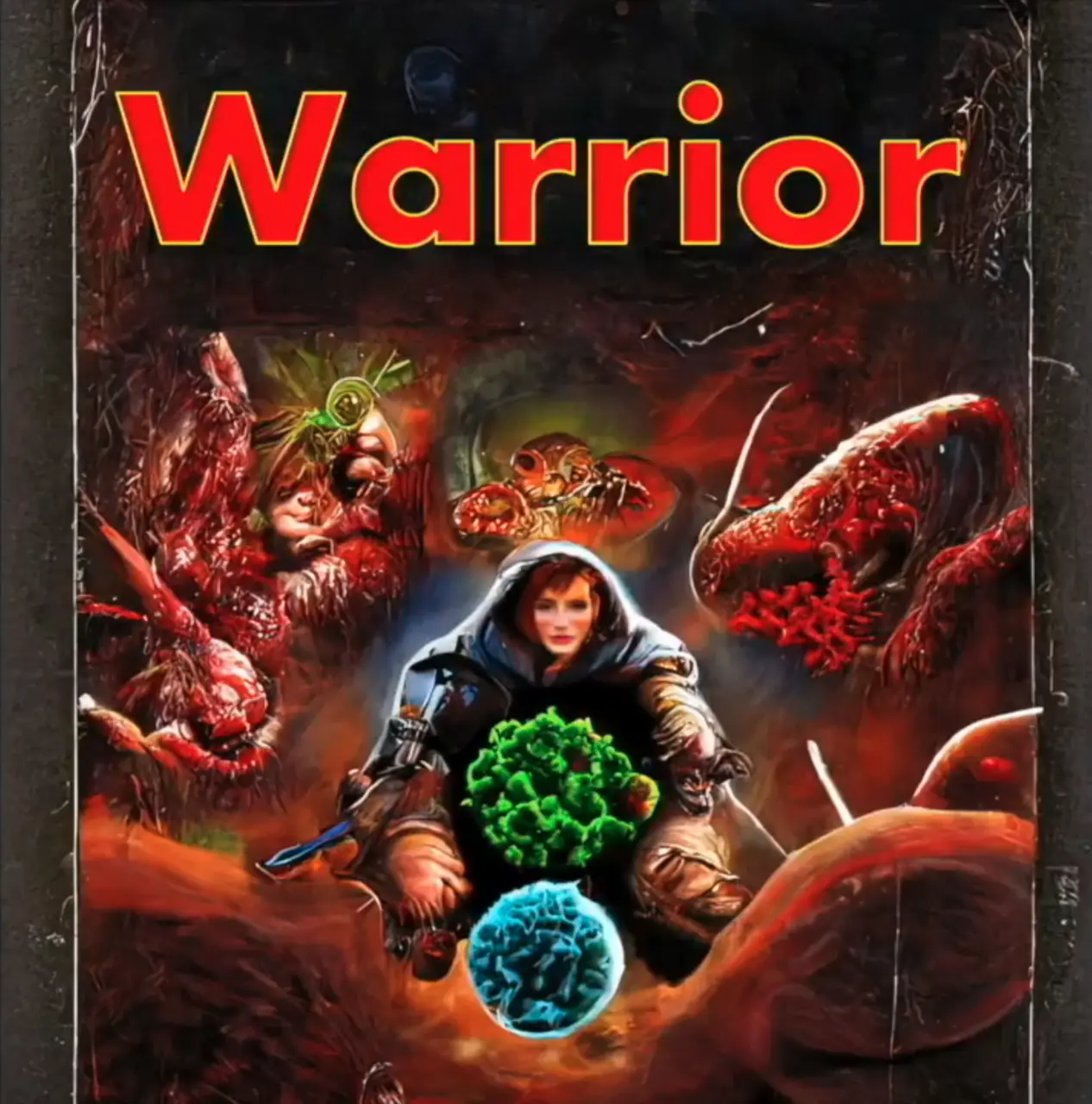 Aged book cover: a hooded woman fighter crouched in the centre holding a green virus orb among red organic monsters; red lettering Warrior. Painterly generative art with the class name baked into the image.