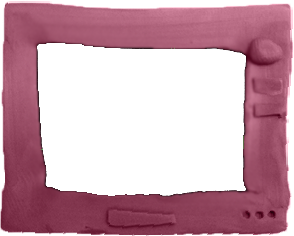 A pink clay television frame with an empty screen, an oval knob and two buttons on the right and a slot below the screen