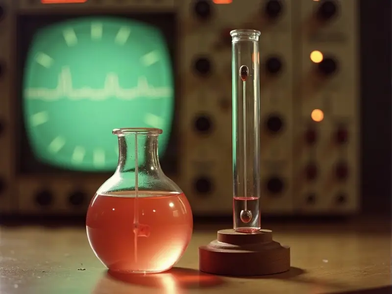 Generated picture of a dim mid-century laboratory bench: a round glass flask of pink liquid with a thin glass rod in it, a tall glass column on a wooden base, and behind them a green oscilloscope screen with a few peaks on a flat line and a cabinet of knobs and amber lamps