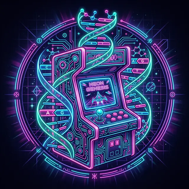 A neon arcade cabinet wound into a double helix inside a circular emblem