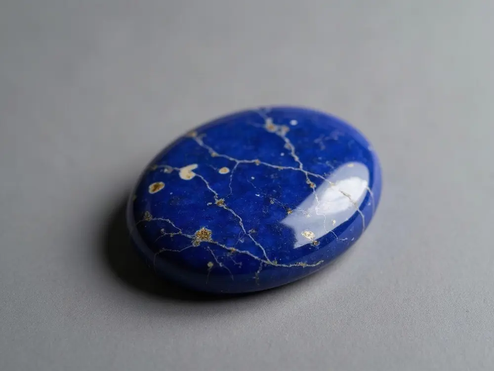 Generated image of a polished oval cabochon of deep blue lapis lazuli with thin white veins and small gold flecks on a grey background