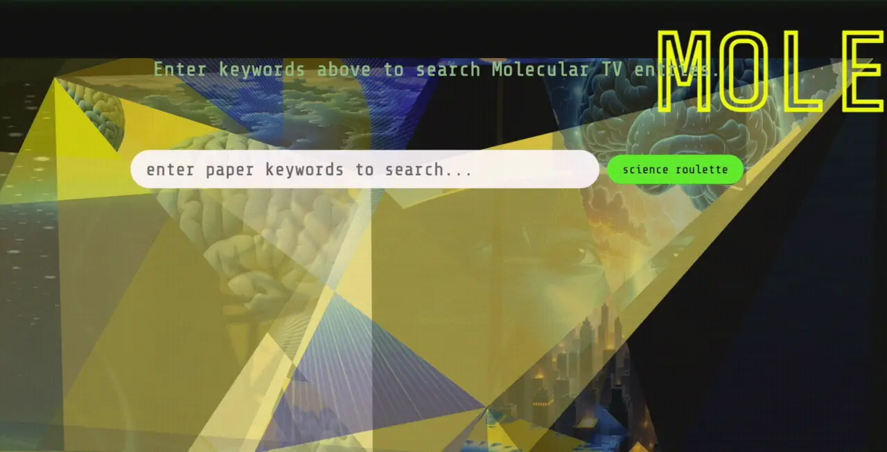 The Molecular TV page: a search box reading enter paper keywords to search, a science roulette button and large yellow letters over overlapping translucent triangles and brain images