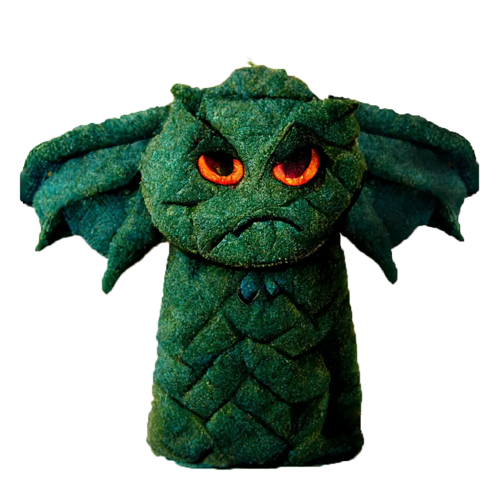 A green scaly clay dragon head with orange eyes and a scowl