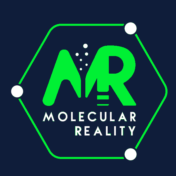A green hexagon outline with three white dots at its corners, containing a green MR monogram and the white words MOLECULAR REALITY, on dark navy