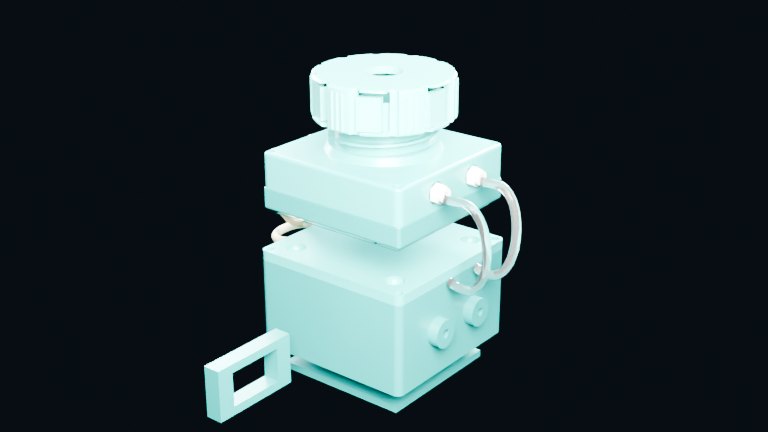 A translucent mint-green desktop instrument with a round knob on top and a flow-cell block with two looped tubes