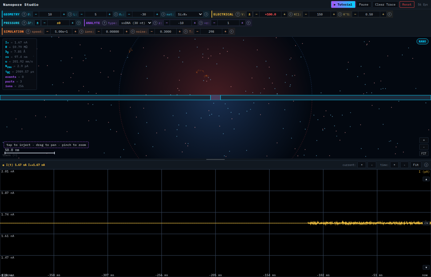 The Nanopore Studio simulator: rows of parameter controls at the top, a dark canvas with a membrane and pore and scattered ions, and an oscilloscope trace of the current below
