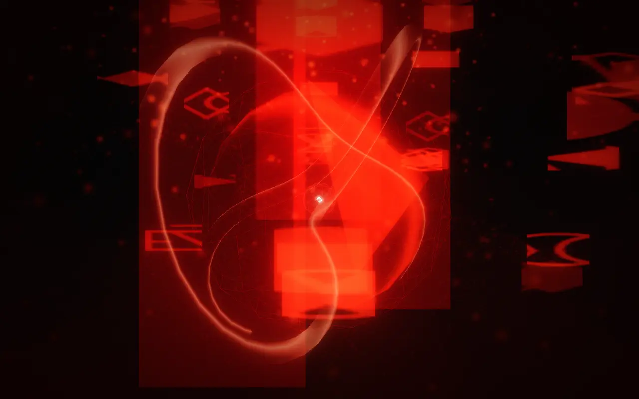 A near-black scene with nested glowing red wireframe shells at the center above a dark red ground, under a faint red haze