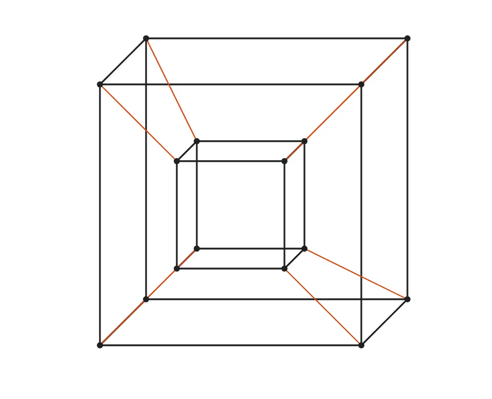 Line drawing of a small cube inside a larger cube with their corresponding corners joined
